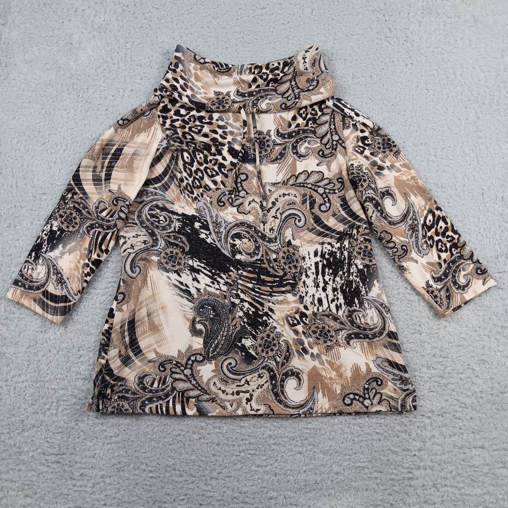 Chico's Top Weekends Cowl Neck Woman 1 Paisley Leopard 3/4 Sleeve Mixed Print